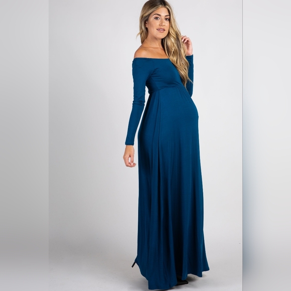 Pinkblush Dresses & Skirts - Pinkblush Turquoise Off Shoulder Long Sleeve Jersey Maternity Maxi Dress Medium